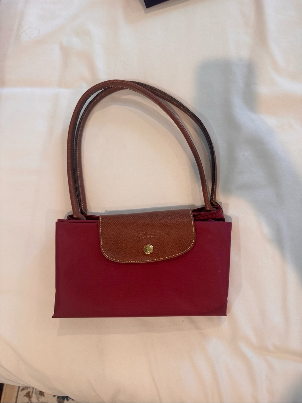 Longchamp Le Pliage Large Shoulder Bag in Burgundy with Brown Trim